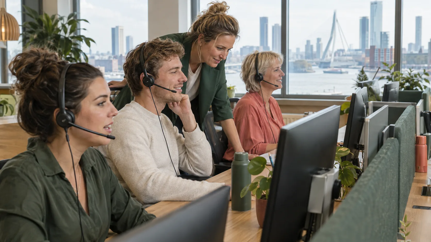 Telefonistes met headsets aan het werk in een licht kantoor in Rotterdam, met de Erasmusbrug op de achtergrond